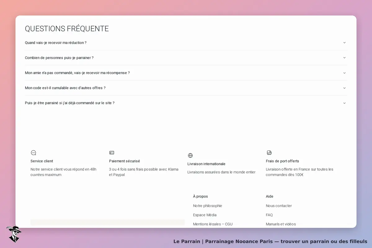 Nooance Paris : section FAQ avec questions sur la commande et le parrainage. Informations utiles