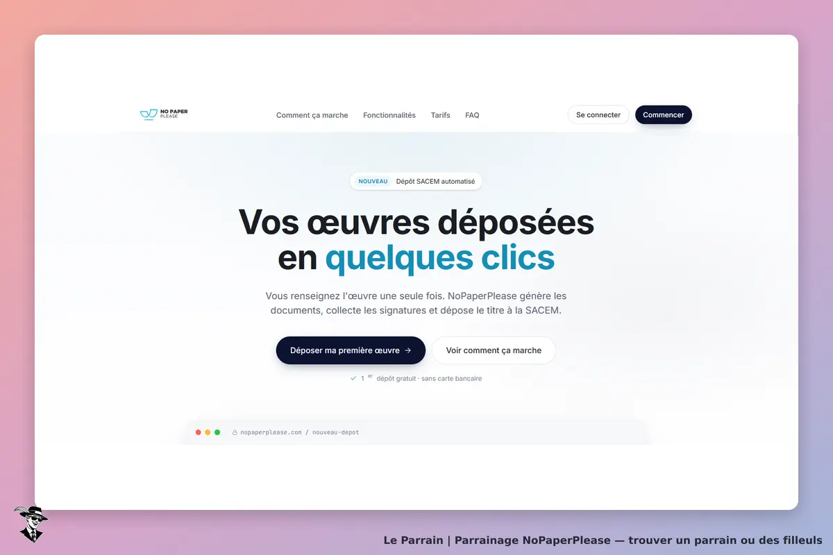 NoPaperPlease : page d'accueil présentant le dépôt d'œuvres et un bouton pour commencer