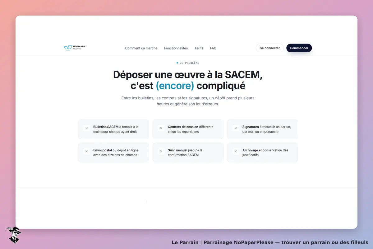 NoPaperPlease : page d'accueil présentant les complications du dépôt à la SACEM