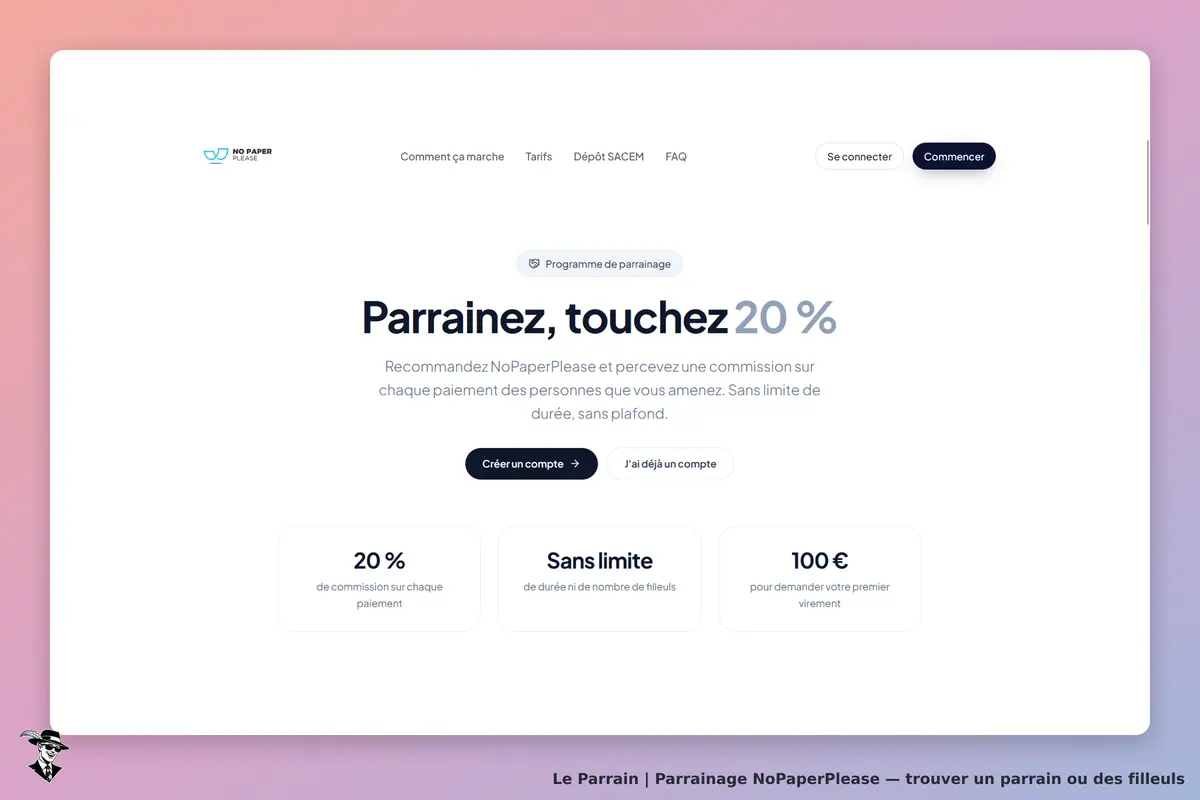 NoPaperPlease : page d'accueil présentant le programme de parrainage et options de création de