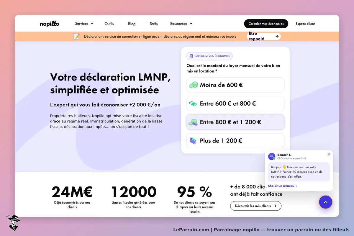 nopillo : page d'accueil avec un formulaire pour calculer les économies fiscales et des