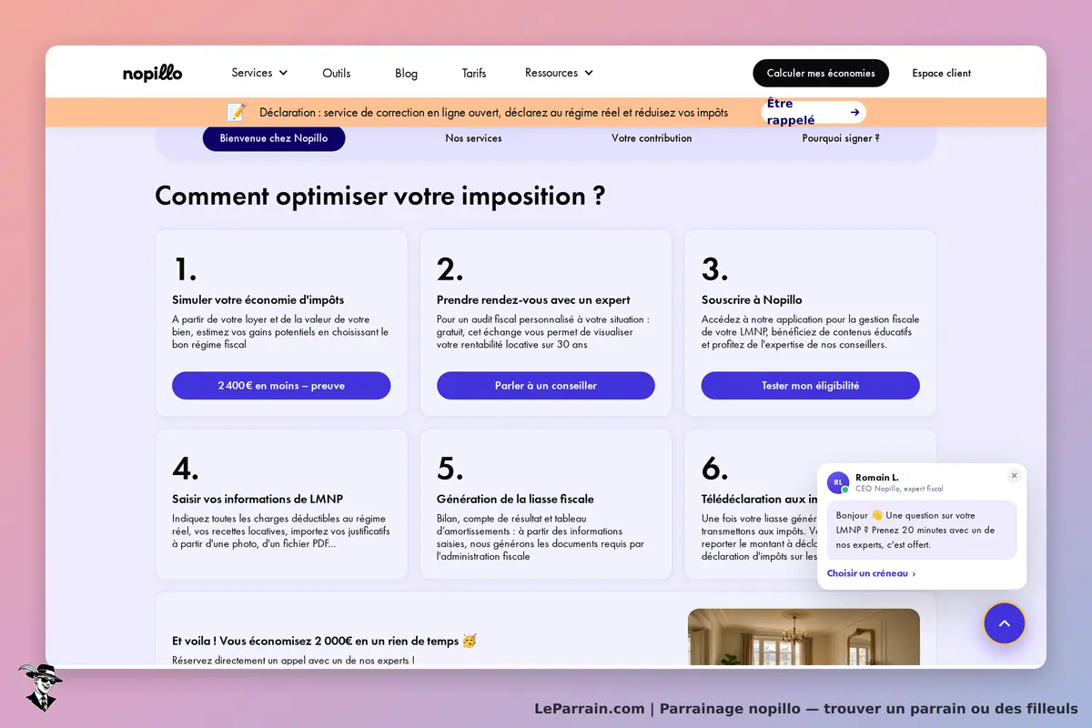 nopillo : page d'accueil présentant des étapes pour optimiser l'imposition et un chat d'assistance