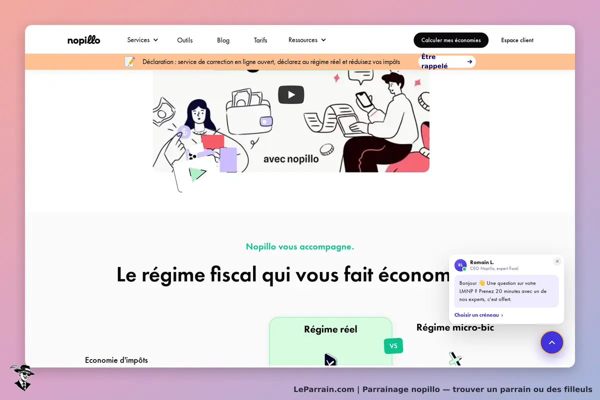 nopillo : page d'accueil avec illustrations et informations sur le régime fiscal