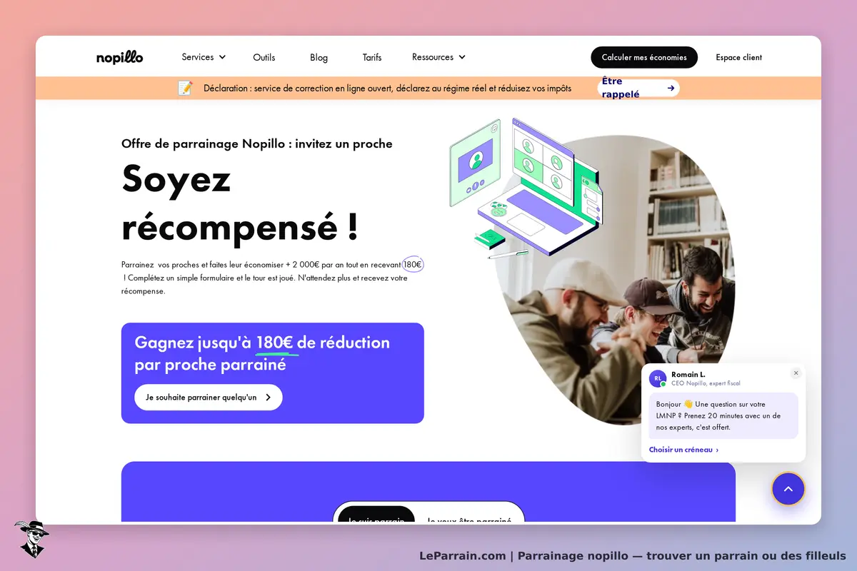 nopillo : page d'accueil avec offre de parrainage et illustration d'utilisateurs autour d'un