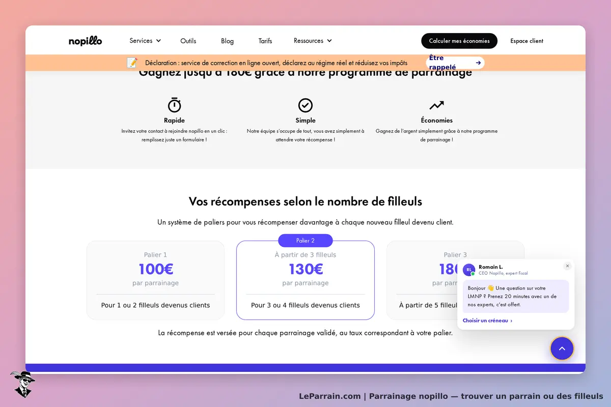 nopillo : page d'accueil avec informations sur le programme de parrainage et niveaux de récompense