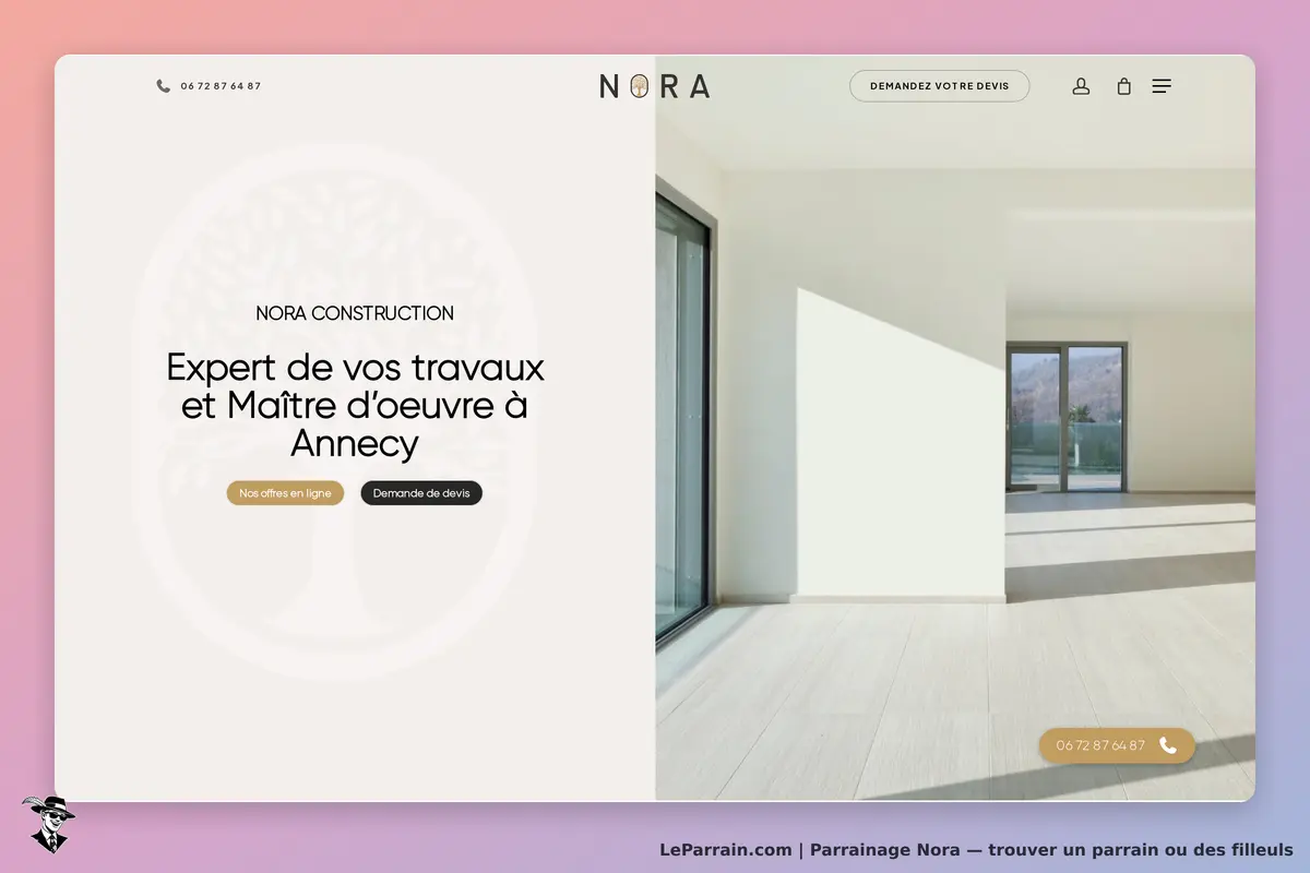 NORA : page d'accueil présentant des services de construction avec un intérieur lumineux et moderne