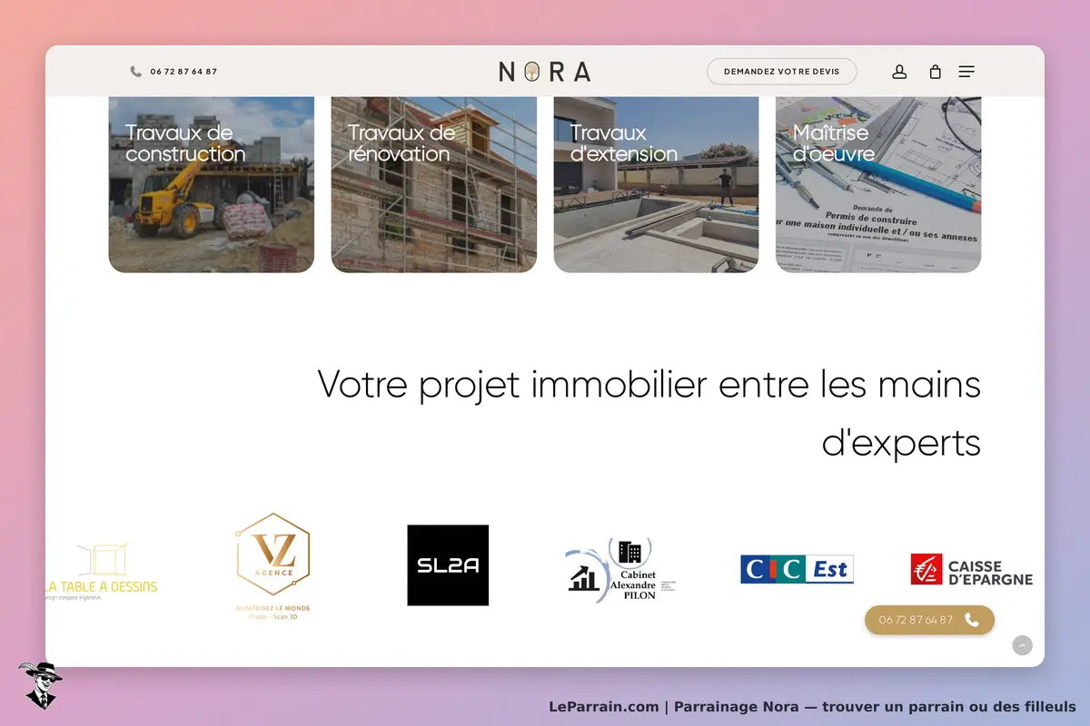 NORA : page d'accueil avec sections sur travaux de construction, rénovation, extension et maîtrise