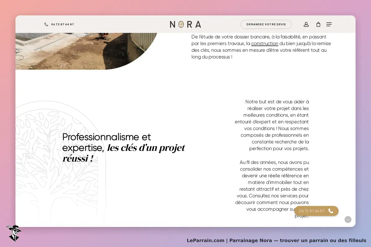NORA : page d'accueil présentant le professionnalisme et l'expertise pour un projet réussi