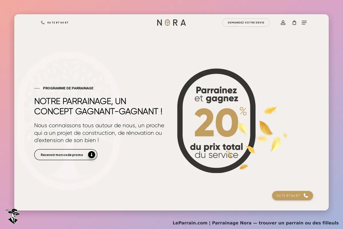 NORA : page d'accueil présentant le programme de parrainage avec un bouton pour obtenir un code