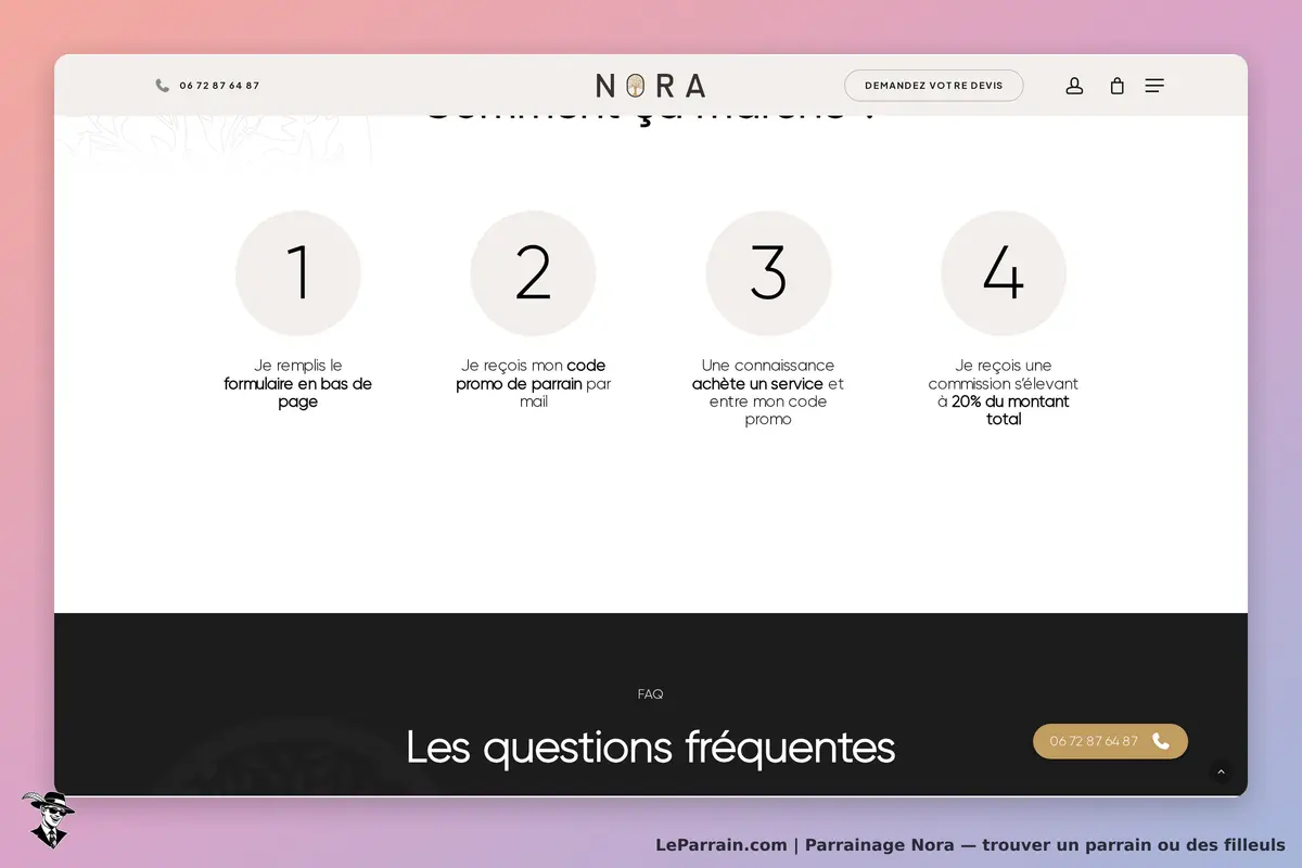 NORA : étapes du processus de parrainage avec icônes et texte explicatif en quatre points