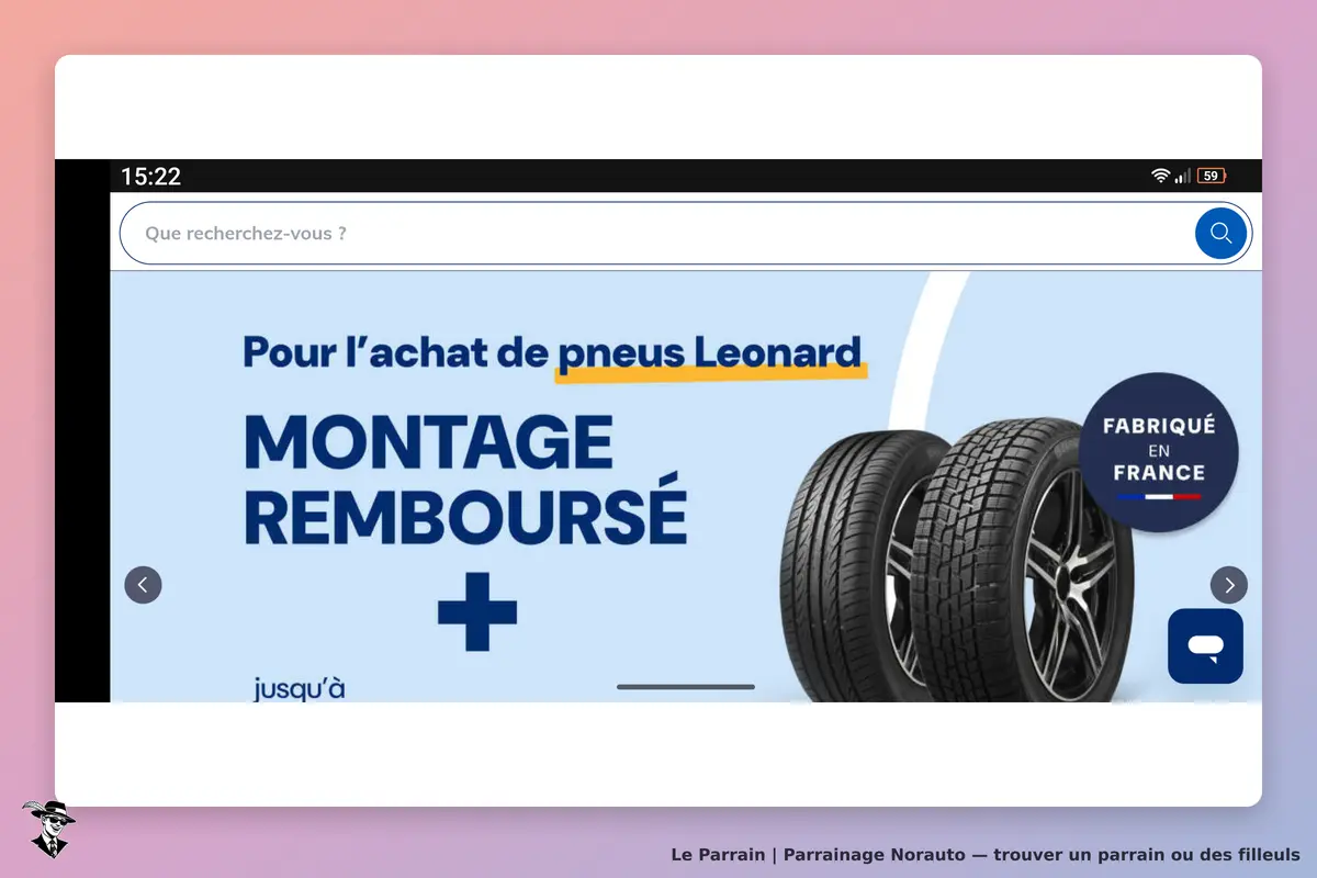 Norauto : page d'accueil avec promotion sur des pneus Leonard et visuel de pneus affichés