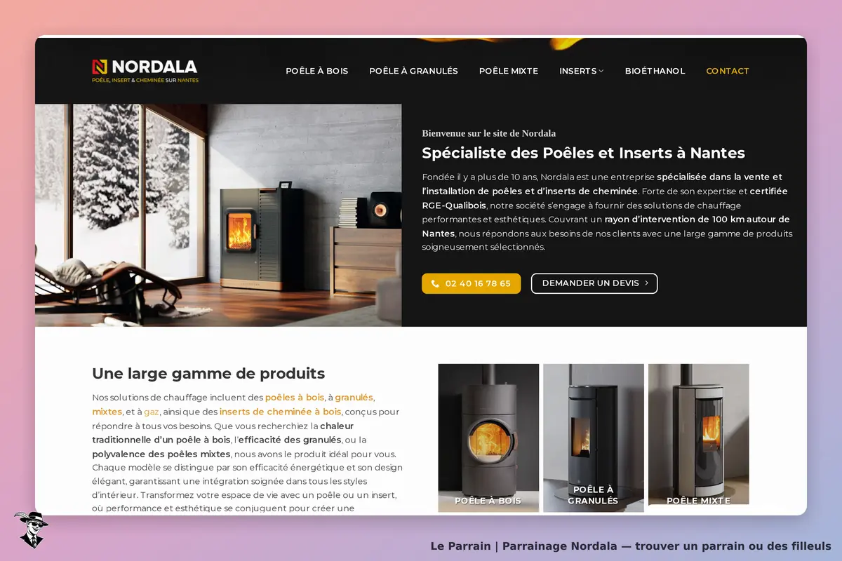 Nordala : page d'accueil avec poêle à bois, inserts et présentation de produits de chauffage