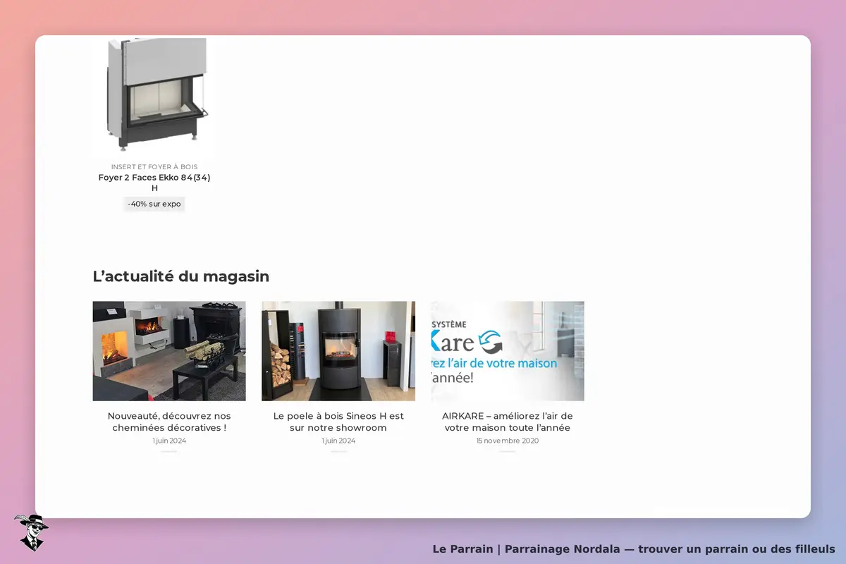 Nordala : page d'accueil avec un insert à bois et des actualités sur des cheminées décoratives