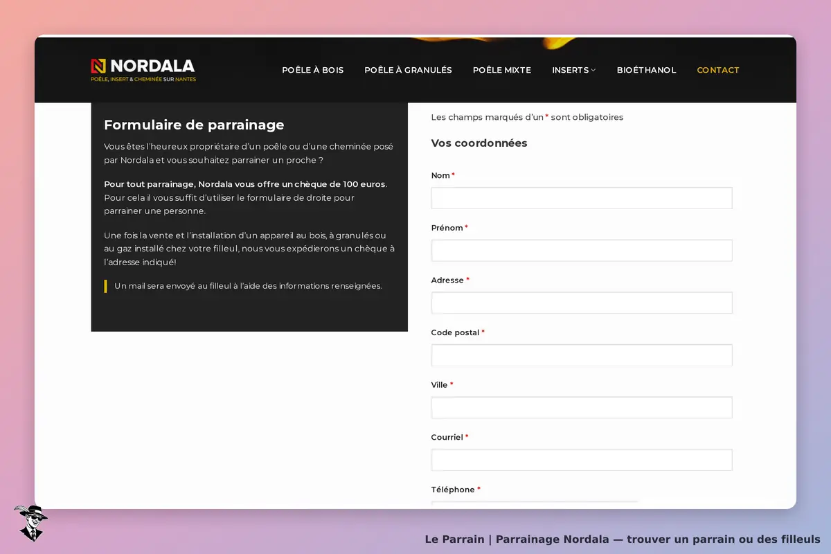 Nordala : formulaire de parrainage avec champs à remplir pour les coordonnées personnelles