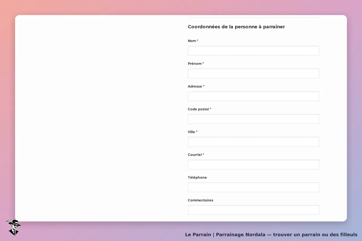 Nordala : formulaire de coordonnées pour une personne à parrainer, champs vides à remplir