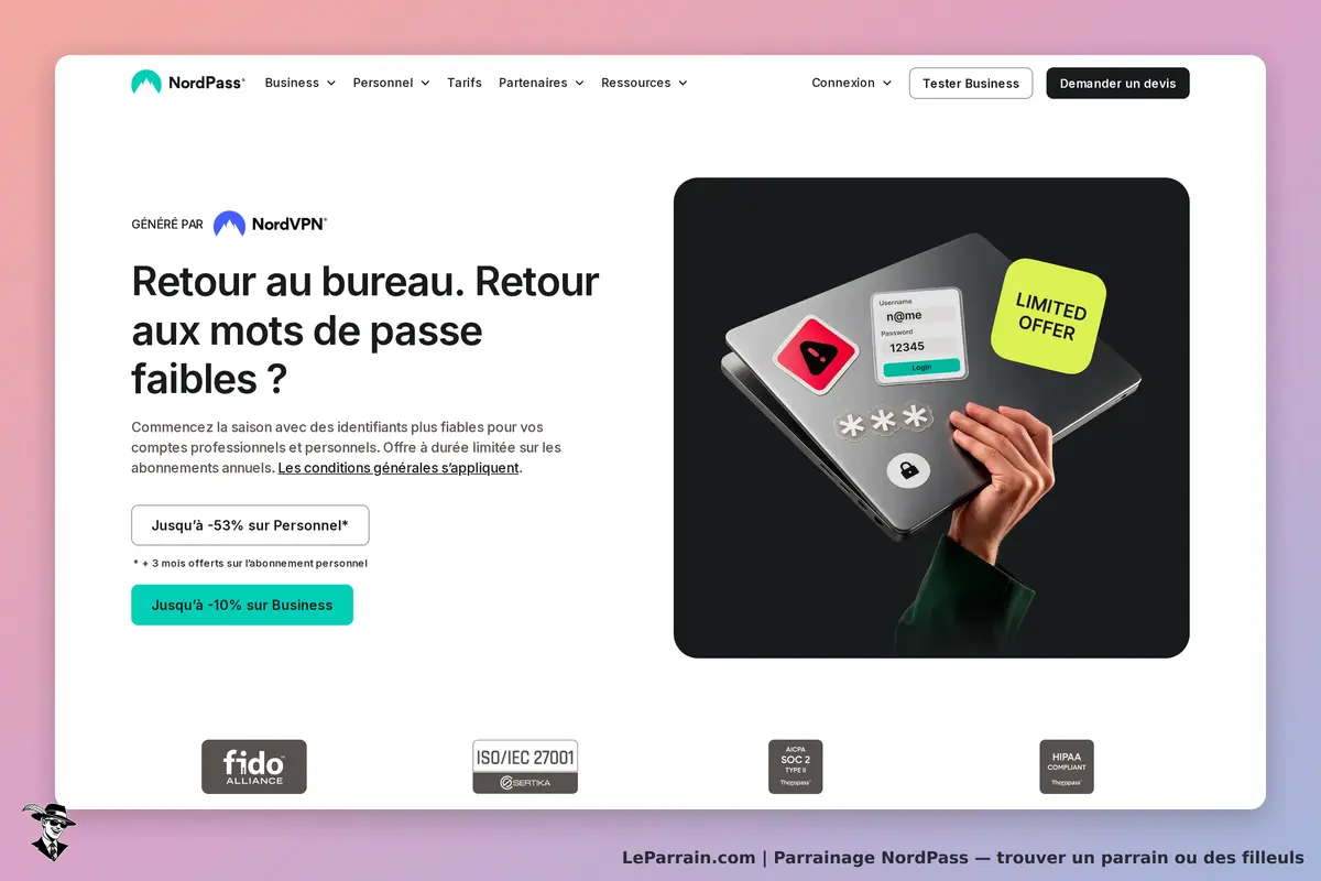 NordPass : page d'accueil avec un ordinateur et un message sur la sécurité des mots de passe