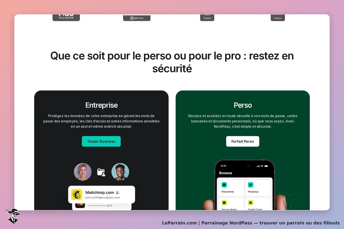 NordPass : page d'accueil avec sections pour entreprise et perso, présentant des fonctionnalités