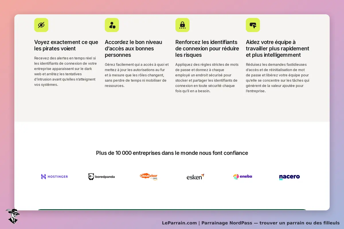NordPass : page d'accueil présentant des fonctionnalités et logos d'entreprises partenaires