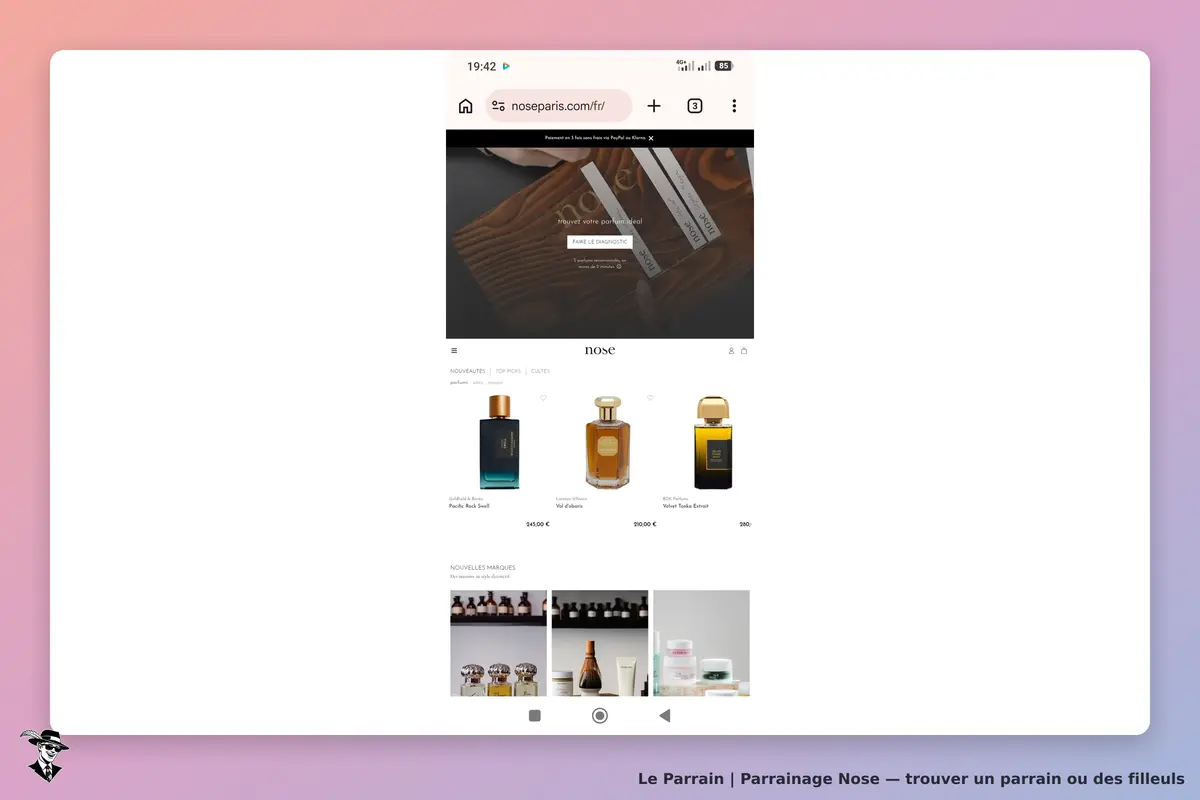 Nose : page d'accueil avec des parfums et un diagnostic de fragrance proposé