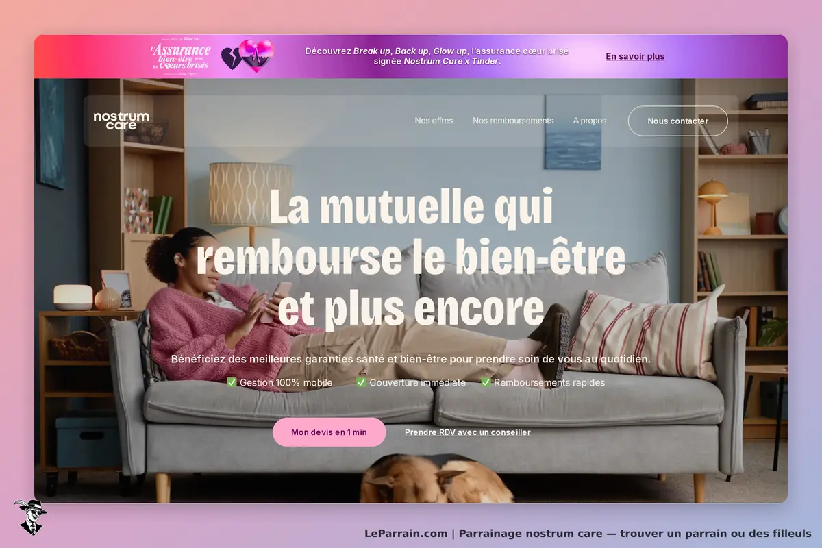 nostrum care : page d'accueil avec une femme sur un canapé, texte sur le remboursement du bien-être