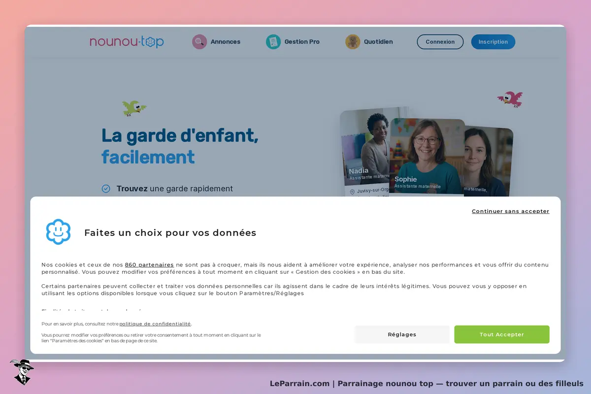nounou top : nounou-top : page d'accueil avec un message sur les cookies et des profils de nounous