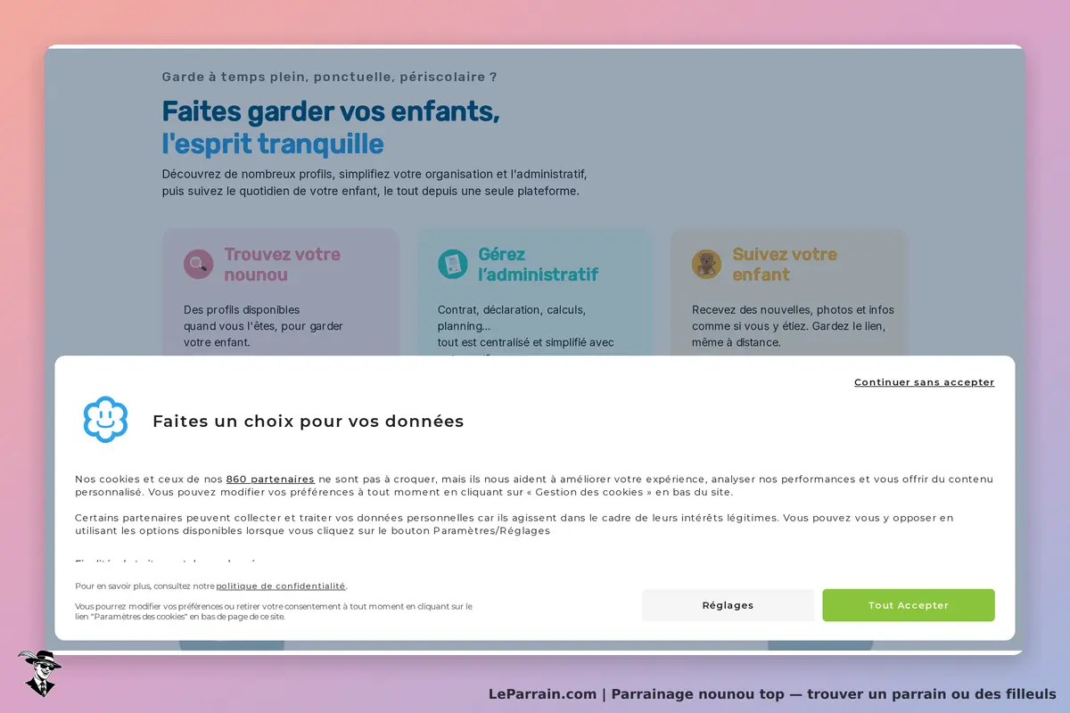 nounou top : page d'accueil avec options pour trouver une nounou et gérer l'administratif