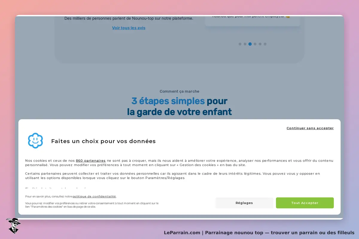 Nounou Top : page d'accueil avec un message sur le choix des données et les étapes pour la garde