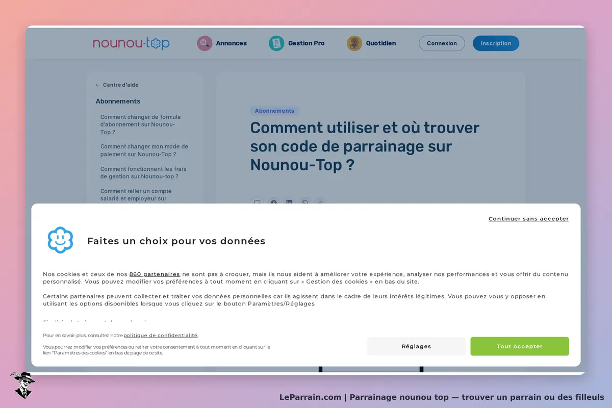 nounou top : nounou-top : page d'accueil avec des options d'abonnement et une demande de