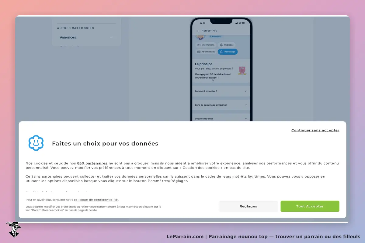 nounou top : page d'accueil avec options de compte et consentement pour les données personnelles