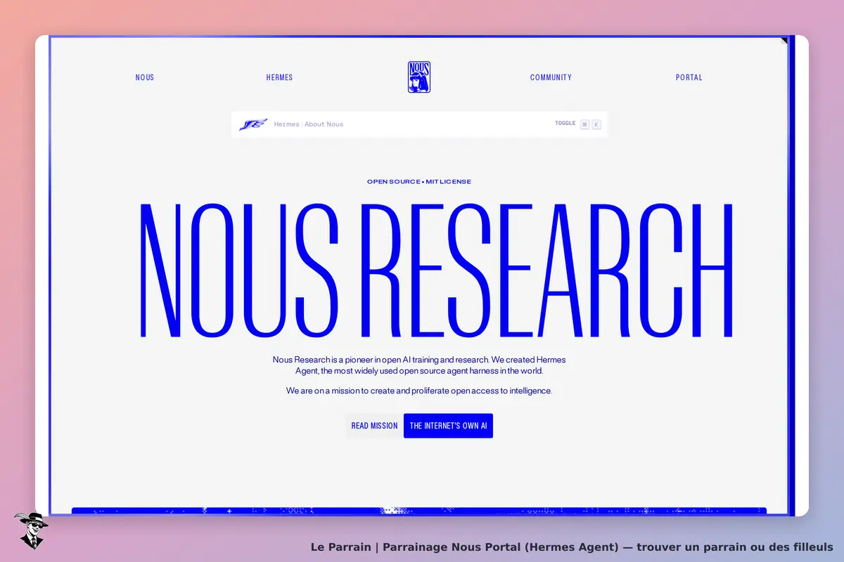 Nous Portal (Hermes Agent) : nous Portal : page d'accueil avec le titre "NOUS RESEARCH" et un