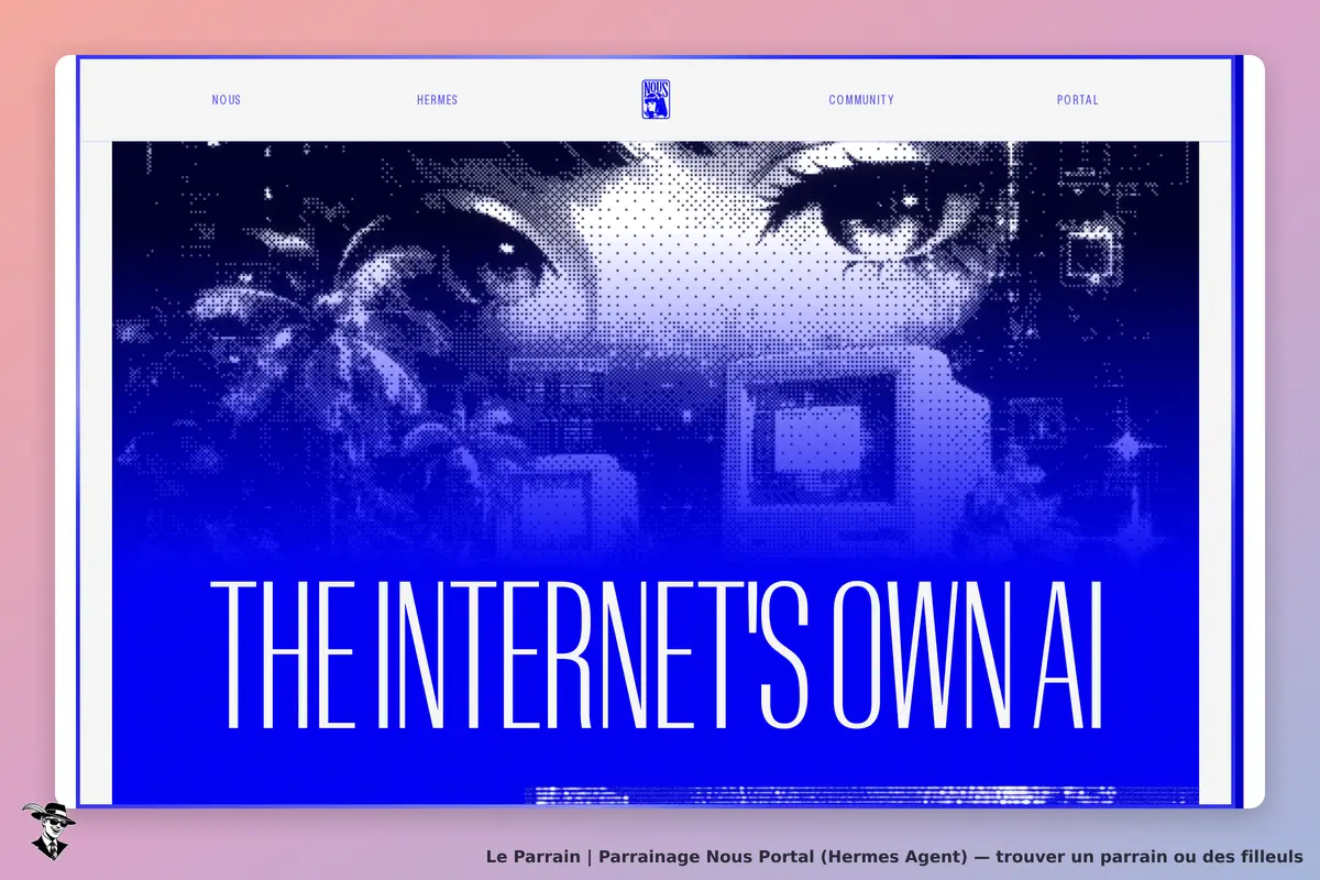 Nous Portal (Hermes Agent) : nous Portal : page d'accueil avec un visuel graphique et le texte "THE