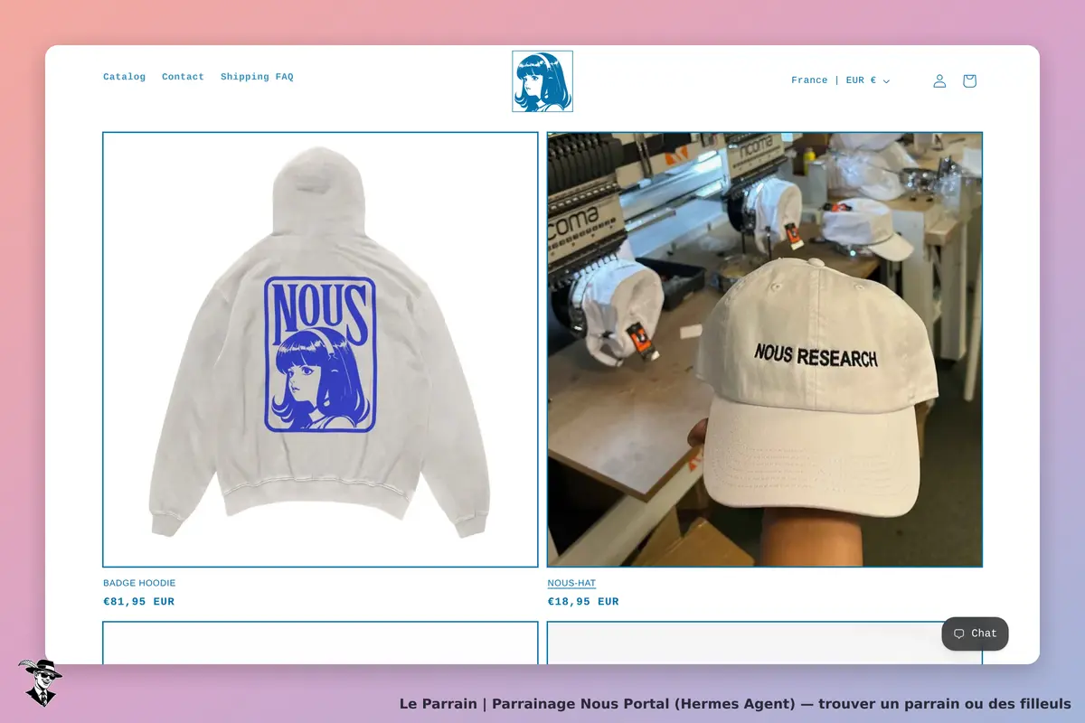 Nous Portal (Hermes Agent) : nous Portal : affichage d'un hoodie et d'une casquette sur la page