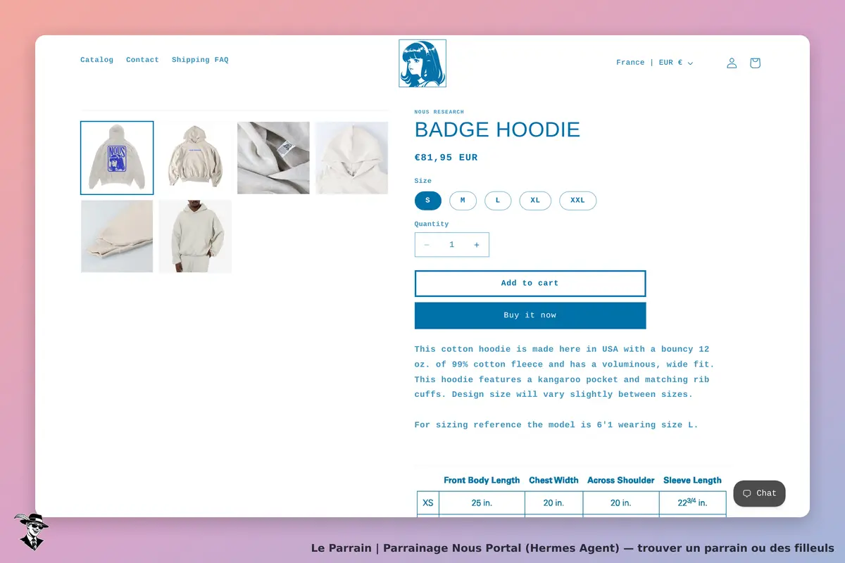 Nous Portal (Hermes Agent) : nous Portal : affichage d'un hoodie avec images, options de taille et
