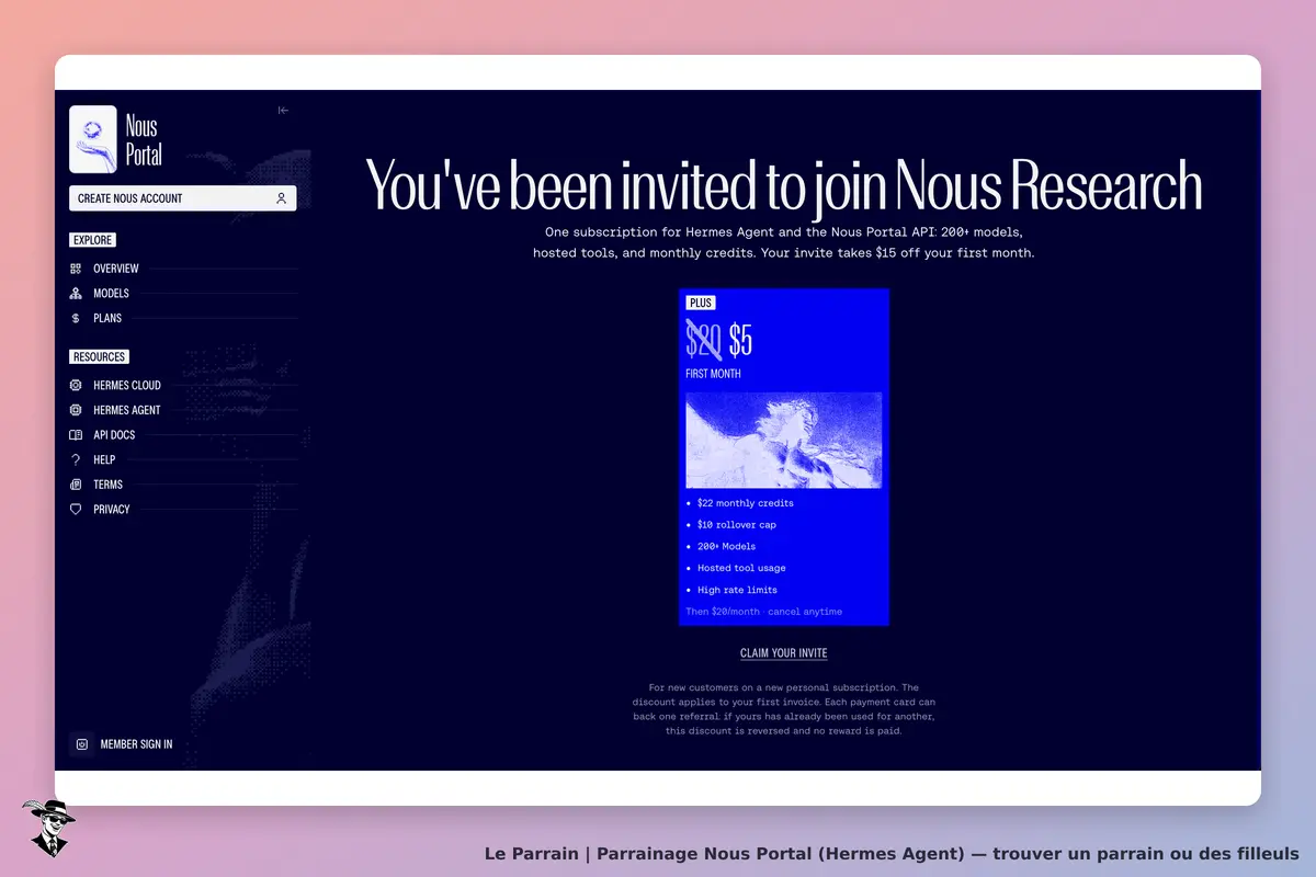 Nous Portal (Hermes Agent) : nous Portal : page d'accueil avec invitation à rejoindre Nous Research