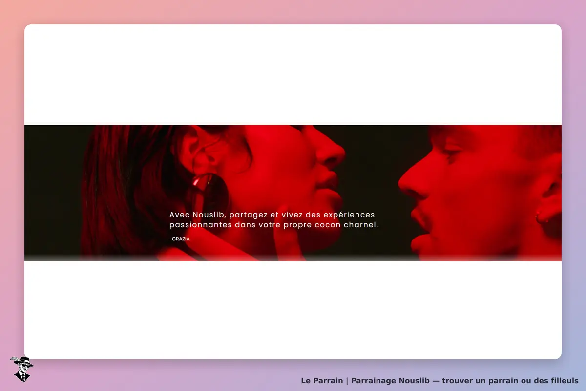 Nouslib : visuel avec deux visages en gros plan, éclairage rouge et texte d'invitation