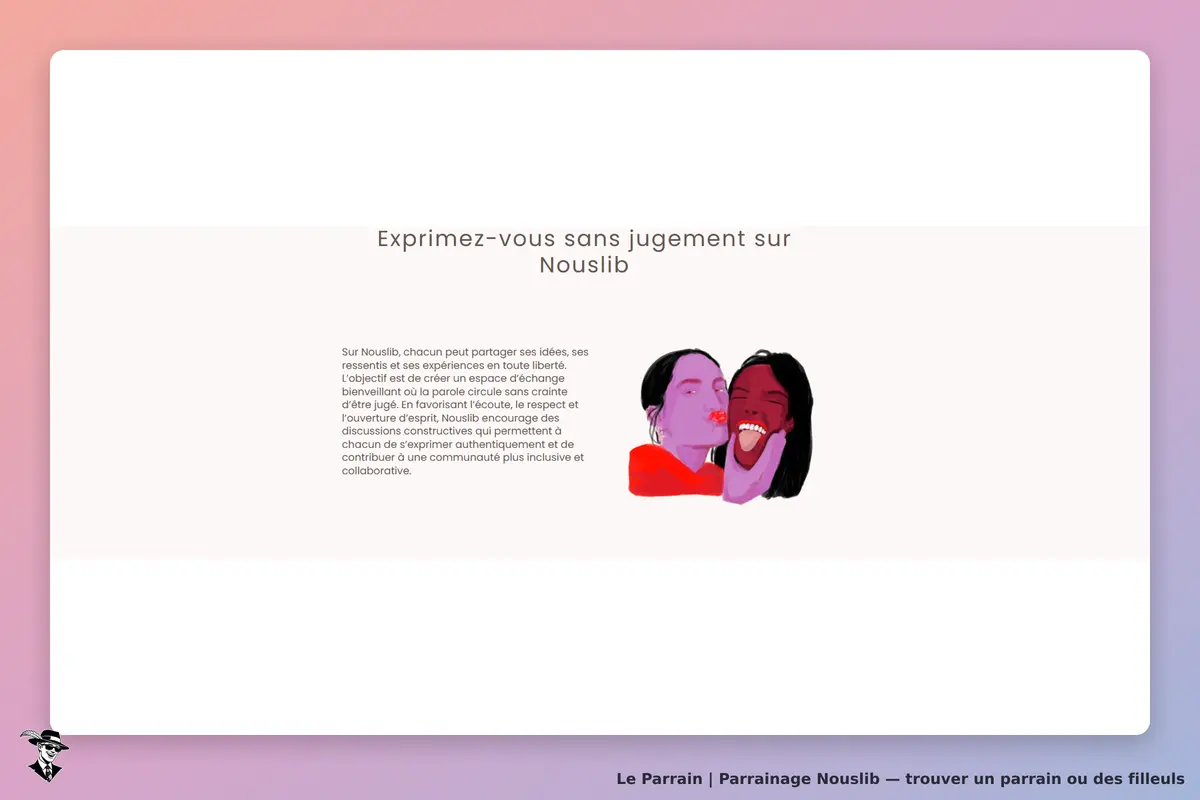 Nouslib : page d'accueil avec un texte sur l'expression libre et une illustration de deux personnes