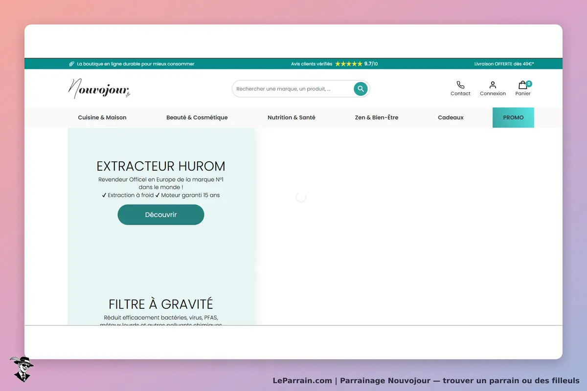 Nouvojour : page d'accueil présentant un extracteur Hurom et un filtre à gravité