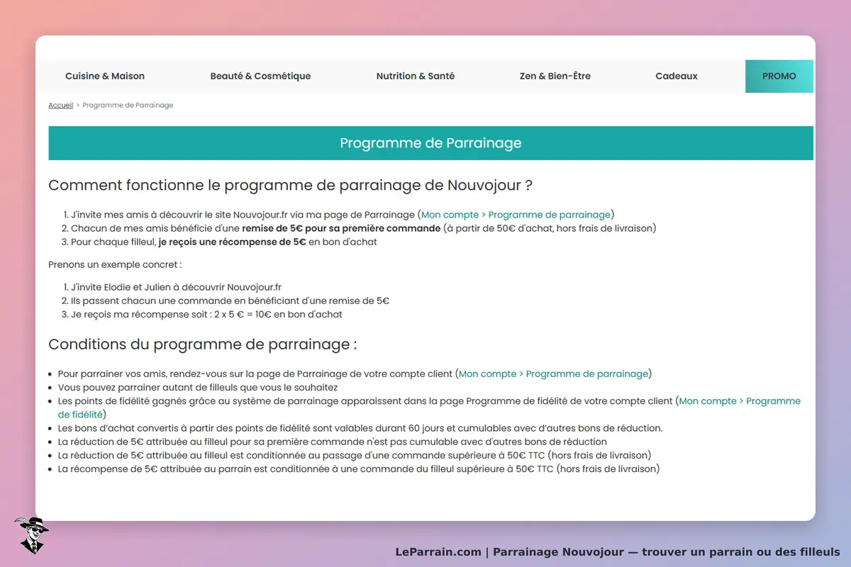 Nouvojour : page expliquant le programme de parrainage avec conditions et exemples
