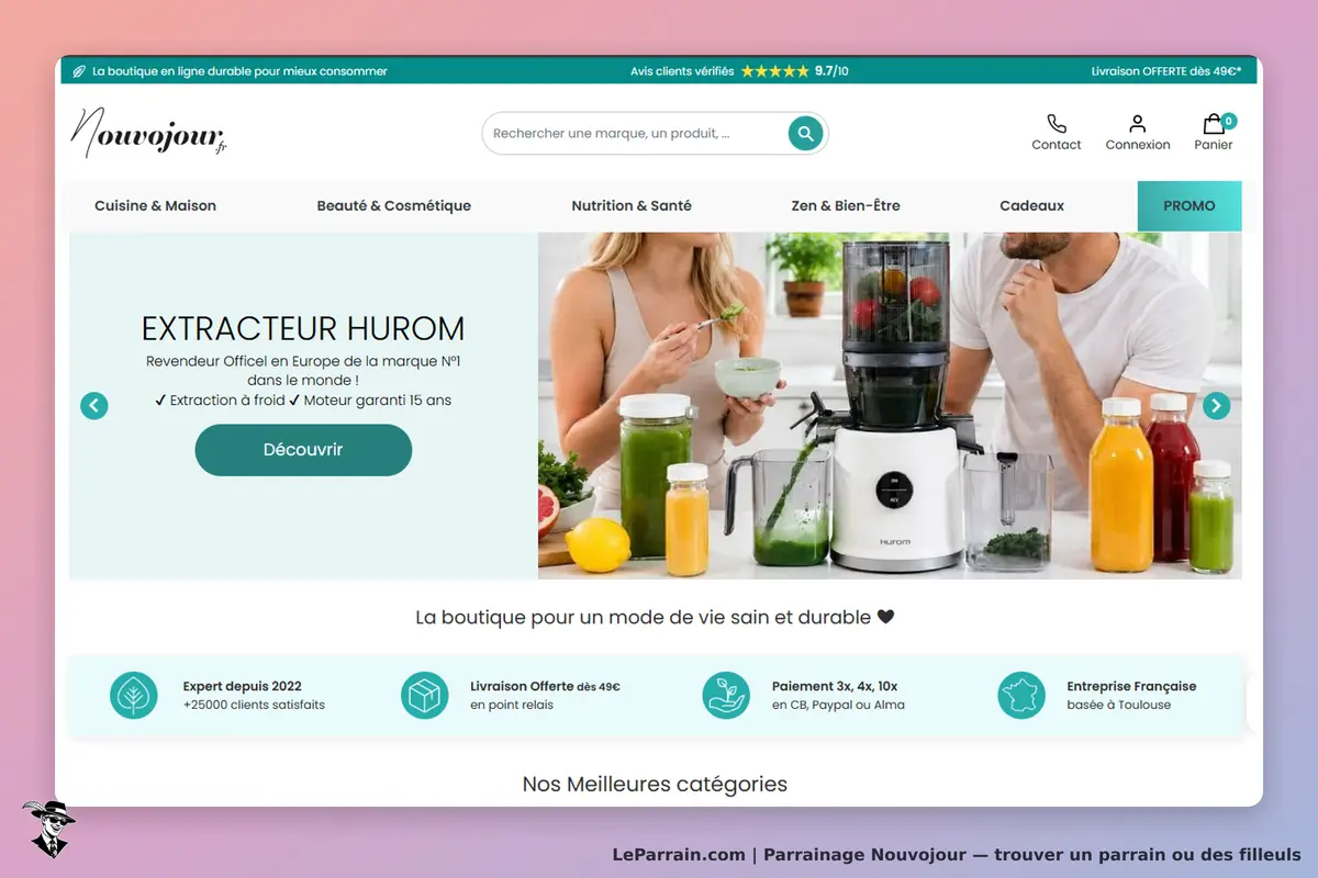 Nouvojour : page d'accueil présentant un extracteur de jus Hurom avec des boissons colorées