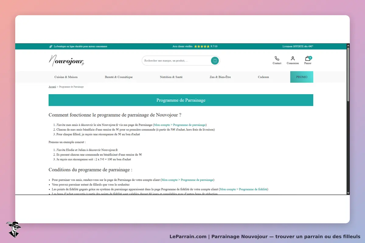 Nouvojour : page expliquant le programme de parrainage avec conditions et exemples