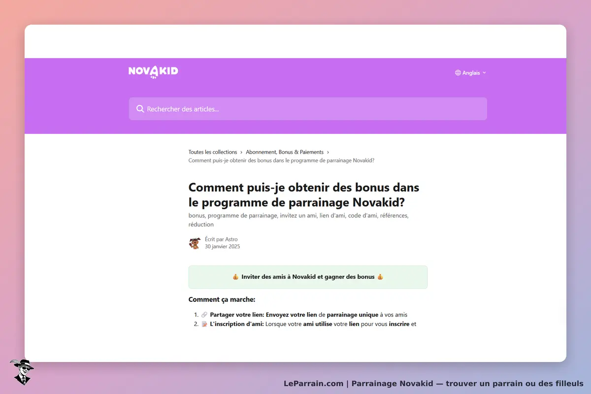 Novakid : page d'accueil avec un article sur le programme de parrainage et des instructions
