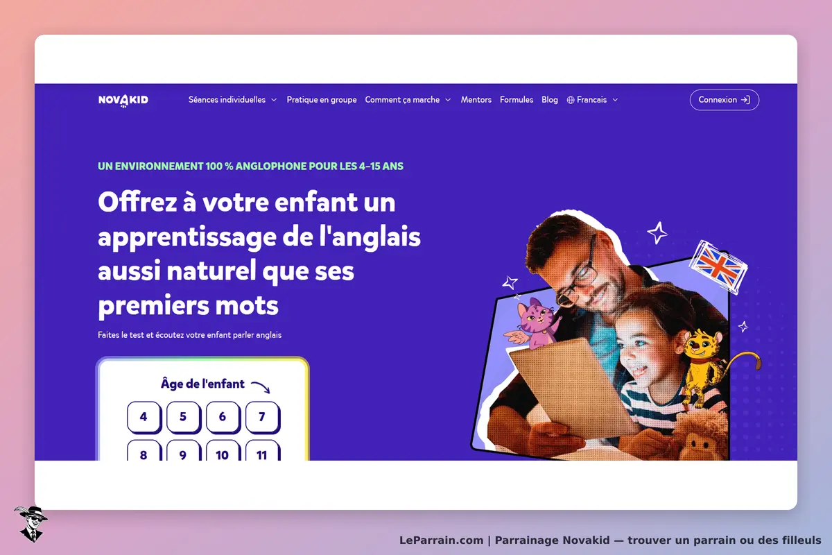 Novakid : page d'accueil avec un père et sa fille lisant, choix d'âge pour l'apprentissage