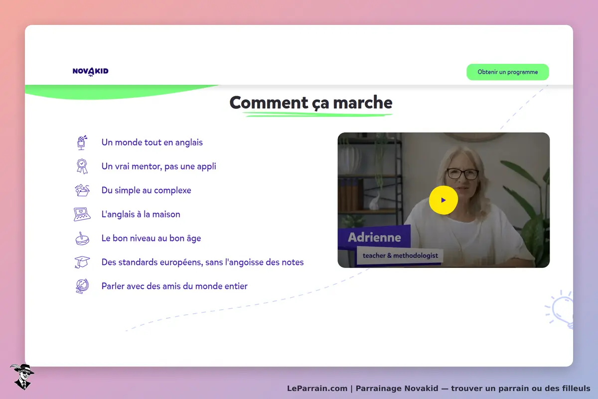 Novakid : page d'accueil présentant des informations sur l'apprentissage de l'anglais