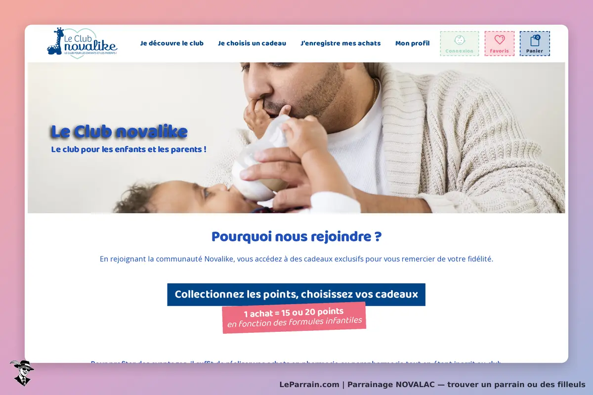 NOVALAC : page d'accueil du Club Novalike avec un parent nourrissant un enfant au biberon