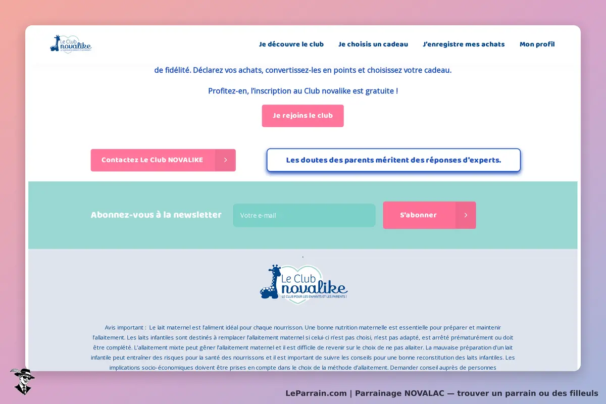 NOVALAC : page d'accueil avec options d'abonnement et informations sur le club NOVALIKE
