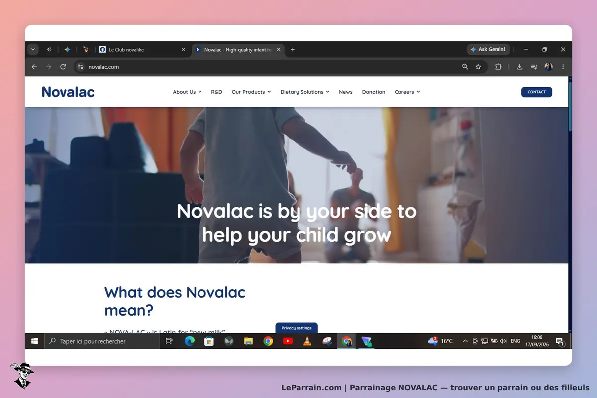 Novalac : page d'accueil avec un enfant et un adulte, message sur l'accompagnement de l'enfant