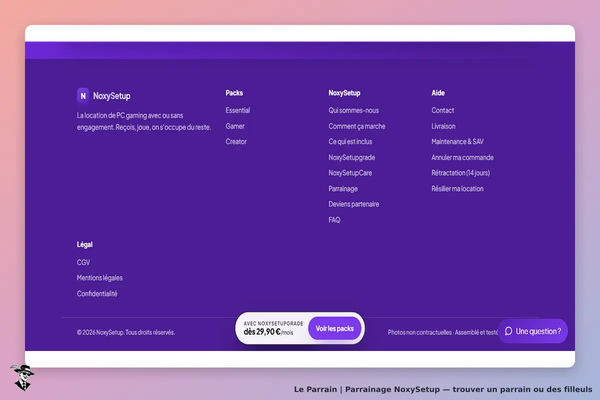 NoxySetup : page d'accueil avec packs de location de PC gaming et liens vers l'aide et mentions