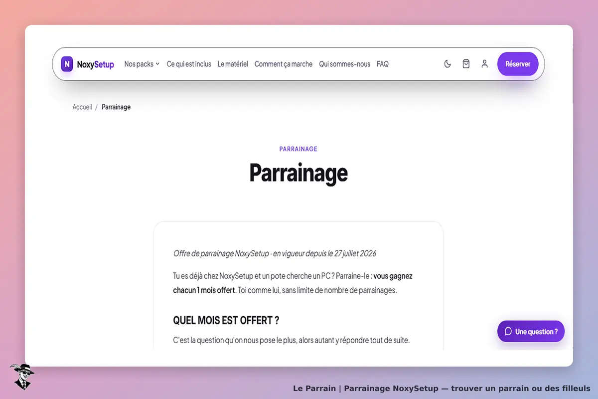 NoxySetup : page de parrainage avec titre et texte explicatif sur l'offre de parrainage