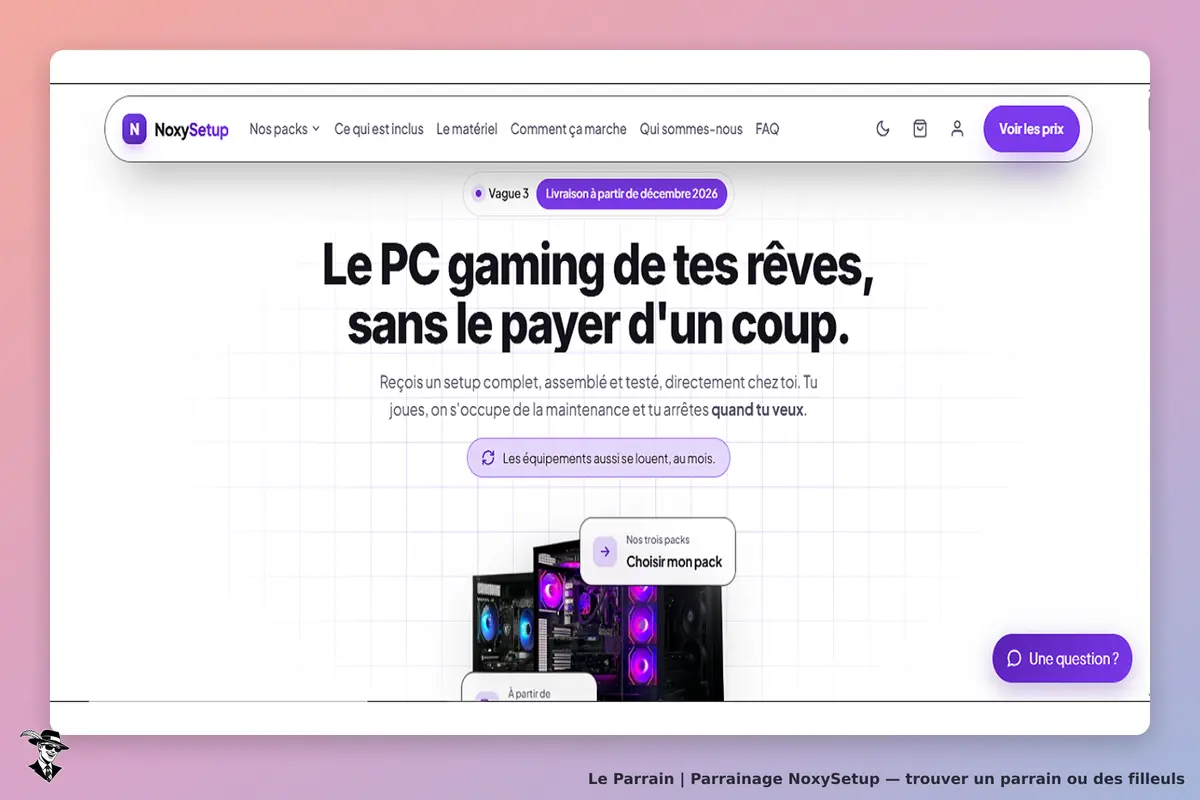 NoxySetup : page d'accueil présentant un PC gaming et des options de location mensuelle