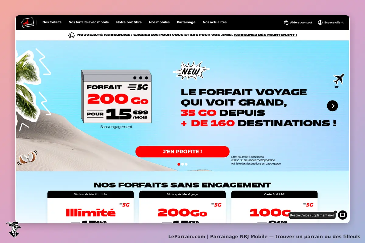 NRJ Mobile : page d'accueil présentant des forfaits mobiles et options sans engagement